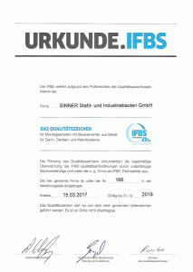 IFBS Zertifikat 2018 Sinner Stahlbau