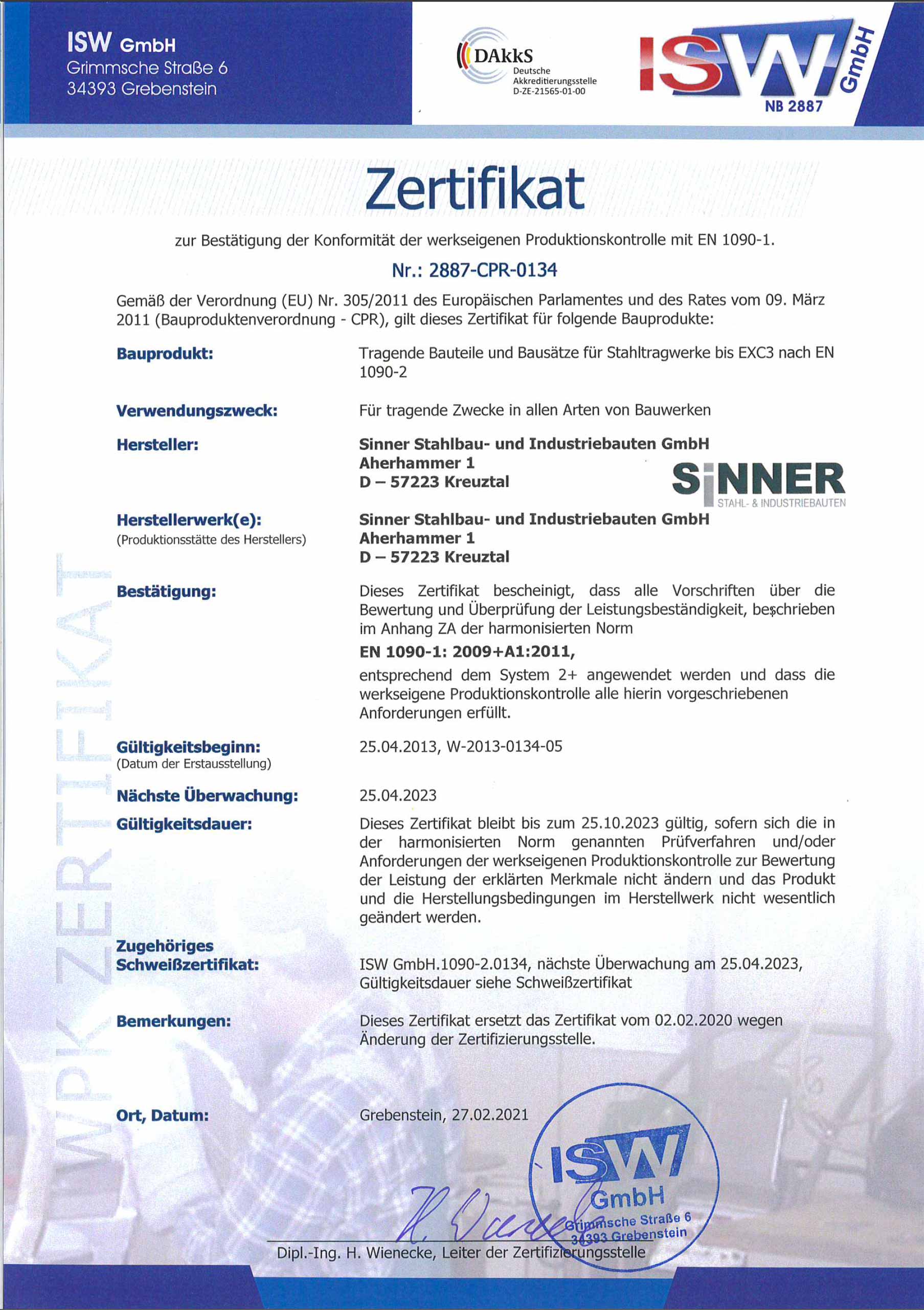 Zertifikat EN 1090-1: 2009+A1:2011 Werkseigene Produktionskontrolle